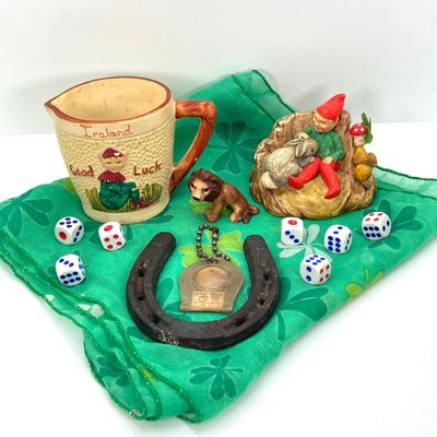 LOT 533: Vintage Collection - Ireland Good Luck Small Pitcher, Made in England Annco Craft Gnome and Rabbit, Pony Shoe, Penny Keychain,...