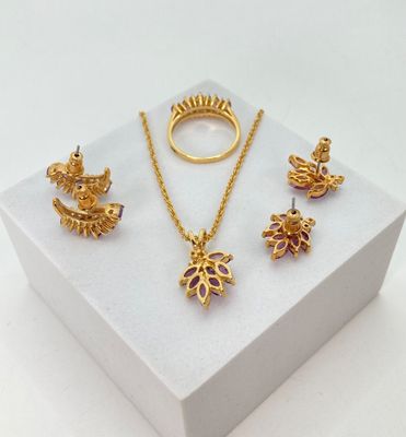 LOT 32: Gold Tone and Purple Stone Jewelry Set - Necklace 18", Ring, Bracelet and Two Pairs of Earrings