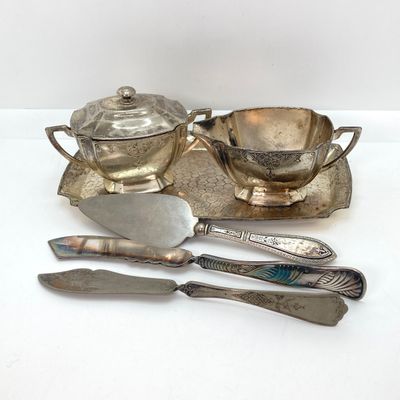 LOT 36: Vintage Made in Occupied Japan Silver Plated and More Collection - Cream / Sugar Bowls with Tray and Assorted Utensils