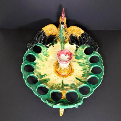 LOT 82: Vintage Mid-Century Majolica Style Ceramic Rooster Egg Holder Serving Platter