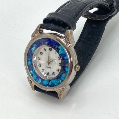 LOT 41: Sterling Silver Jewelry - Yellow Stone Necklace, Ring and Bracelet Set 18.5 GTW with Blue Stone Bezel Watch with 925 Accents on Band