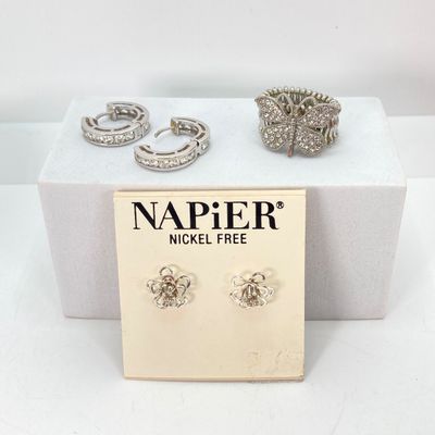 LOT 39: Large Collection of Assorted Jewelry - Sterling Earrings TW 7.3g, Napier Earrings, Fashion Rings and Pins