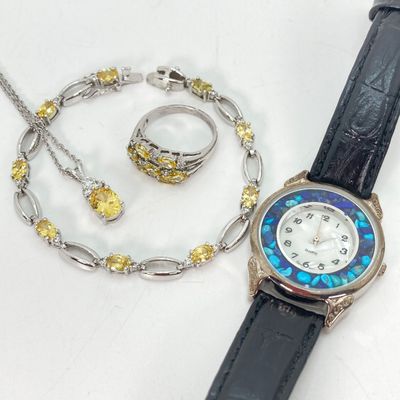 LOT 41: Sterling Silver Jewelry - Yellow Stone Necklace, Ring and Bracelet Set 18.5 GTW with Blue Stone Bezel Watch with 925 Accents on Band