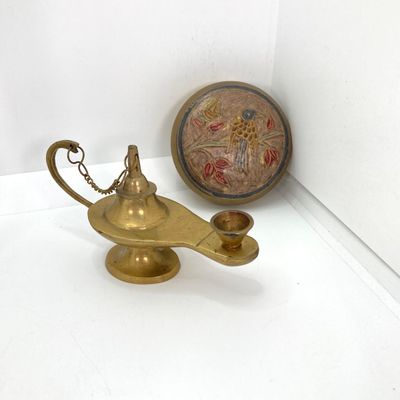LOT 523: Vintage Brass Collection - Leonard Silver Mfg Co. Hour Glass, Lantern and Lidded Trinket Bowl India