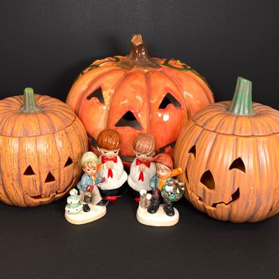 LOT 29: Vintage Holiday Decor - Napcoware Japan Figurines, Lefton Choir Boy Figurines, Ceramic Pumpkin and Pair of Lighted Pumpkins