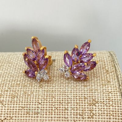 LOT 32: Gold Tone and Purple Stone Jewelry Set - Necklace 18", Ring, Bracelet and Two Pairs of Earrings