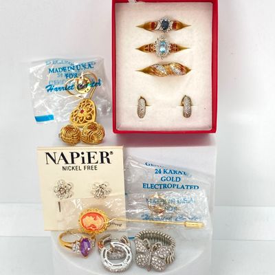 LOT 39: Large Collection of Assorted Jewelry - Sterling Earrings TW 7.3g, Napier Earrings, Fashion Rings and Pins