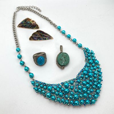 LOT 530: Turquoise Themed Jewelry - Wire Wrapped Pendant, Statement Necklace, Ring and Abalone Earrings