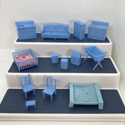 LOT 86: Vintage Collection - Doll House Furniture, 3 Blind Mice Patience Puzzle, Pins and More in Storage Box