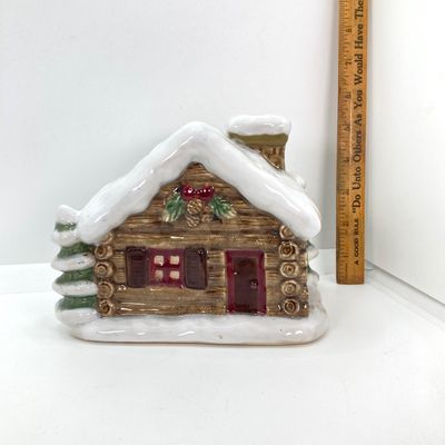 LOT 526: Vintage Collection - Large Made in Japan Knee Hugger / Elf, Post Cards and Sonoma Snowy Lodge / Cabin Coin Bank