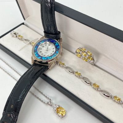 LOT 41: Sterling Silver Jewelry - Yellow Stone Necklace, Ring and Bracelet Set 18.5 GTW with Blue Stone Bezel Watch with 925 Accents on Band