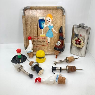 LOT 87: Vintage Bar Collection - Small Whiskey Sour Tray, Flask and Bottle Stoppers