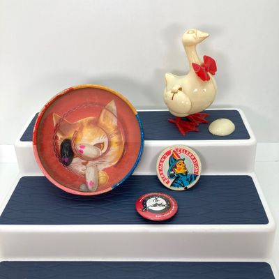 LOT 86: Vintage Collection - Doll House Furniture, 3 Blind Mice Patience Puzzle, Pins and More in Storage Box