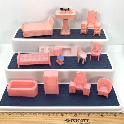 LOT 86: Vintage Collection - Doll House Furniture, 3 Blind Mice Patience Puzzle, Pins and More in Storage Box