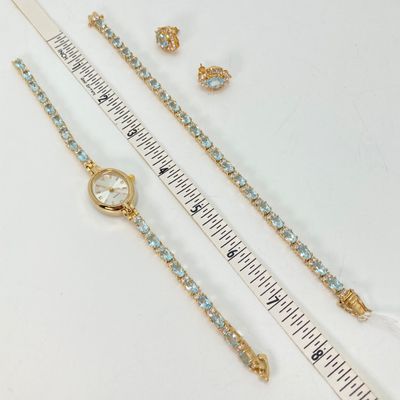 LOT 34: Gold Tone and Light Blue Stone Jewelry - Necklace 18" Chain, Ring, Watch, Earrings and Bracelet