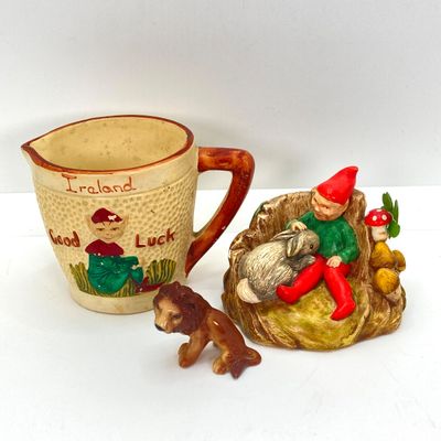 LOT 533: Vintage Collection - Ireland Good Luck Small Pitcher, Made in England Annco Craft Gnome and Rabbit, Pony Shoe, Penny Keychain,...