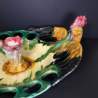 LOT 82: Vintage Mid-Century Majolica Style Ceramic Rooster Egg Holder Serving Platter