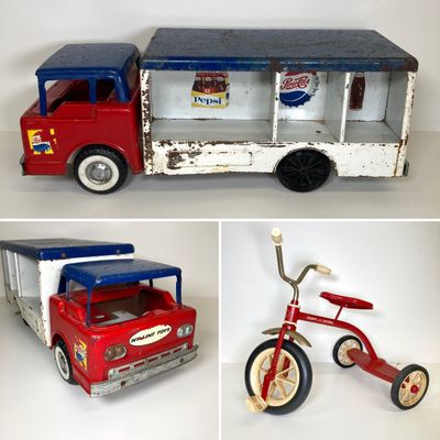 LOT 83: Vintage Toys - Metal Pepsi Delivery Truck with Radio Flyer Tricycle