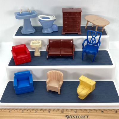 LOT 86: Vintage Collection - Doll House Furniture, 3 Blind Mice Patience Puzzle, Pins and More in Storage Box