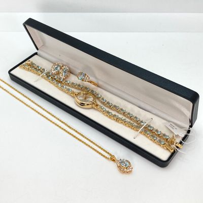 LOT 34: Gold Tone and Light Blue Stone Jewelry - Necklace 18" Chain, Ring, Watch, Earrings and Bracelet
