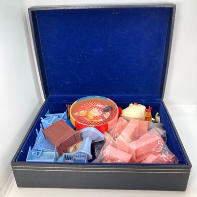 LOT 86: Vintage Collection - Doll House Furniture, 3 Blind Mice Patience Puzzle, Pins and More in Storage Box