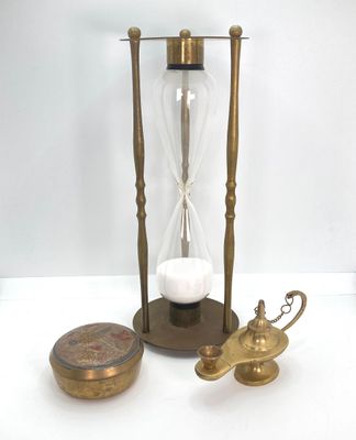 LOT 523: Vintage Brass Collection - Leonard Silver Mfg Co. Hour Glass, Lantern and Lidded Trinket Bowl India