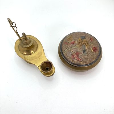 LOT 523: Vintage Brass Collection - Leonard Silver Mfg Co. Hour Glass, Lantern and Lidded Trinket Bowl India
