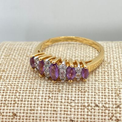 LOT 32: Gold Tone and Purple Stone Jewelry Set - Necklace 18", Ring, Bracelet and Two Pairs of Earrings