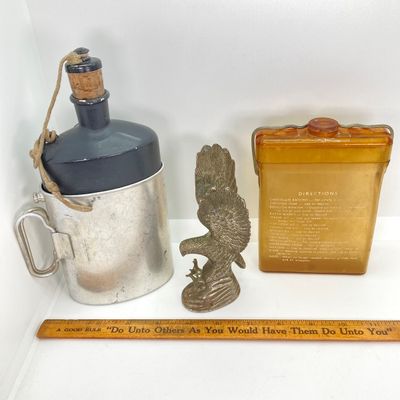 LOT 524: Vintage Military Collection - Survival Kit Plastic Rations Flask, Canteen, Pewter Eagle Figurine and More