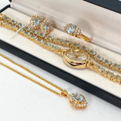 LOT 34: Gold Tone and Light Blue Stone Jewelry - Necklace 18" Chain, Ring, Watch, Earrings and Bracelet
