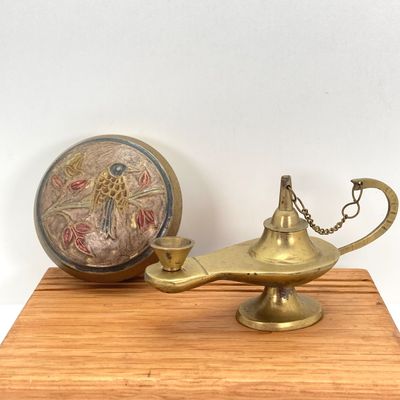 LOT 523: Vintage Brass Collection - Leonard Silver Mfg Co. Hour Glass, Lantern and Lidded Trinket Bowl India