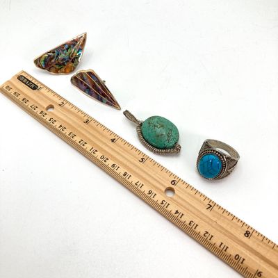 LOT 530: Turquoise Themed Jewelry - Wire Wrapped Pendant, Statement Necklace, Ring and Abalone Earrings