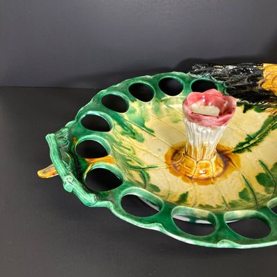 LOT 82: Vintage Mid-Century Majolica Style Ceramic Rooster Egg Holder Serving Platter