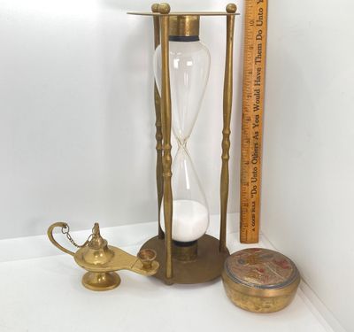 LOT 523: Vintage Brass Collection - Leonard Silver Mfg Co. Hour Glass, Lantern and Lidded Trinket Bowl India