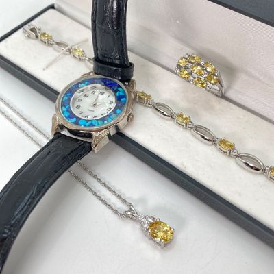 LOT 41: Sterling Silver Jewelry - Yellow Stone Necklace, Ring and Bracelet Set 18.5 GTW with Blue Stone Bezel Watch with 925 Accents on Band