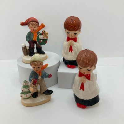 LOT 29: Vintage Holiday Decor - Napcoware Japan Figurines, Lefton Choir Boy Figurines, Ceramic Pumpkin and Pair of Lighted Pumpkins