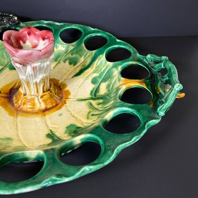 LOT 82: Vintage Mid-Century Majolica Style Ceramic Rooster Egg Holder Serving Platter