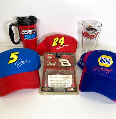 LOT 84: NASCAR Collection and More - Hats, Shirts, Sweatshirts, Drinking Glasses (Some New in Package Included)