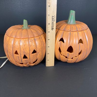 LOT 29: Vintage Holiday Decor - Napcoware Japan Figurines, Lefton Choir Boy Figurines, Ceramic Pumpkin and Pair of Lighted Pumpkins
