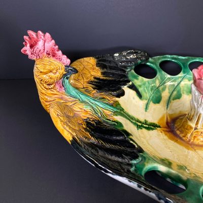LOT 82: Vintage Mid-Century Majolica Style Ceramic Rooster Egg Holder Serving Platter