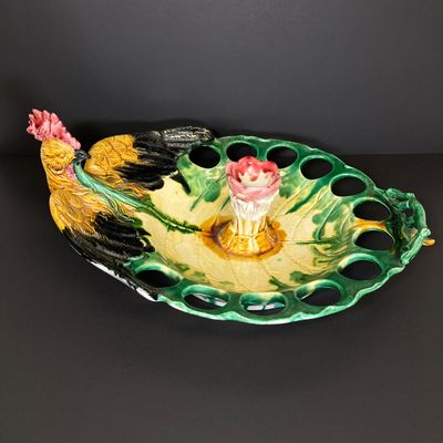 LOT 82: Vintage Mid-Century Majolica Style Ceramic Rooster Egg Holder Serving Platter