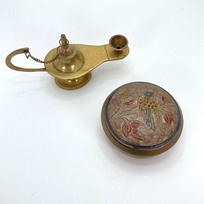 LOT 523: Vintage Brass Collection - Leonard Silver Mfg Co. Hour Glass, Lantern and Lidded Trinket Bowl India