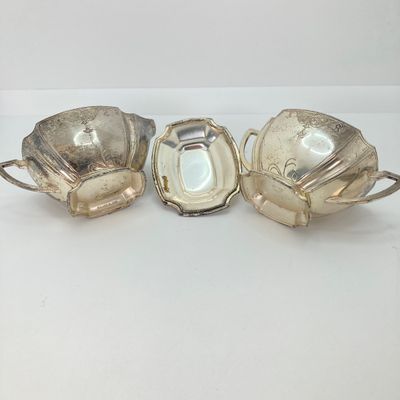 LOT 36: Vintage Made in Occupied Japan Silver Plated and More Collection - Cream / Sugar Bowls with Tray and Assorted Utensils