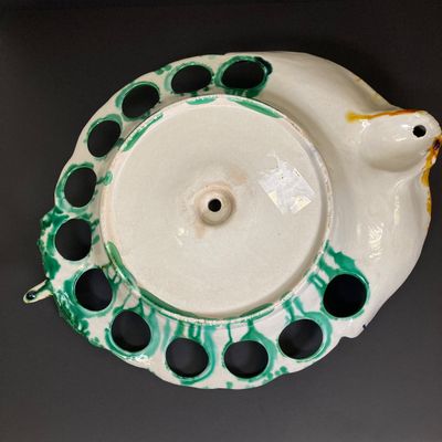 LOT 82: Vintage Mid-Century Majolica Style Ceramic Rooster Egg Holder Serving Platter