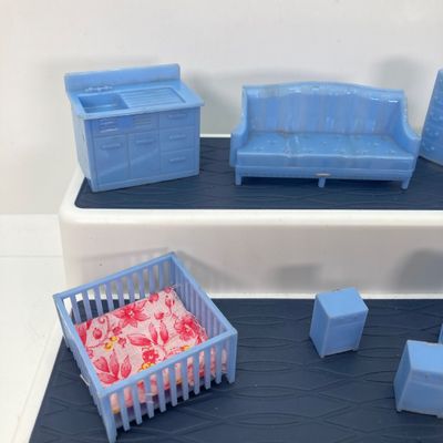LOT 86: Vintage Collection - Doll House Furniture, 3 Blind Mice Patience Puzzle, Pins and More in Storage Box