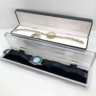 LOT 41: Sterling Silver Jewelry - Yellow Stone Necklace, Ring and Bracelet Set 18.5 GTW with Blue Stone Bezel Watch with 925 Accents on Band