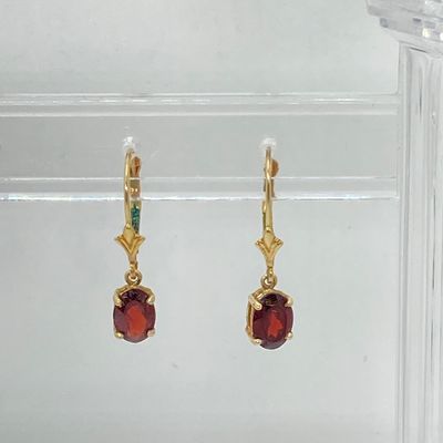 LOT 74: Gold and Garnet Lever Back Pierced Earrings - 14KT, 1.4 GTW