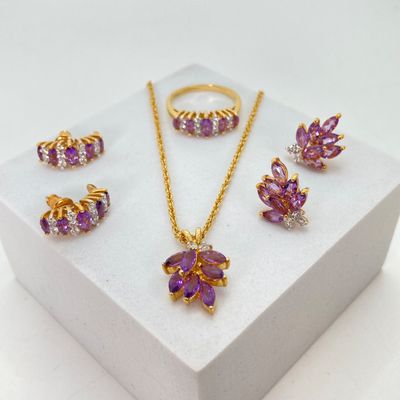 LOT 32: Gold Tone and Purple Stone Jewelry Set - Necklace 18", Ring, Bracelet and Two Pairs of Earrings
