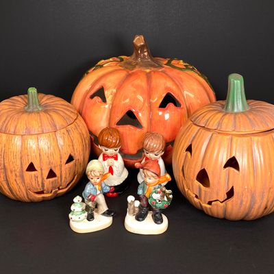 LOT 29: Vintage Holiday Decor - Napcoware Japan Figurines, Lefton Choir Boy Figurines, Ceramic Pumpkin and Pair of Lighted Pumpkins