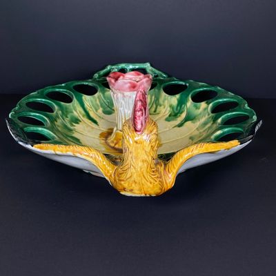 LOT 82: Vintage Mid-Century Majolica Style Ceramic Rooster Egg Holder Serving Platter